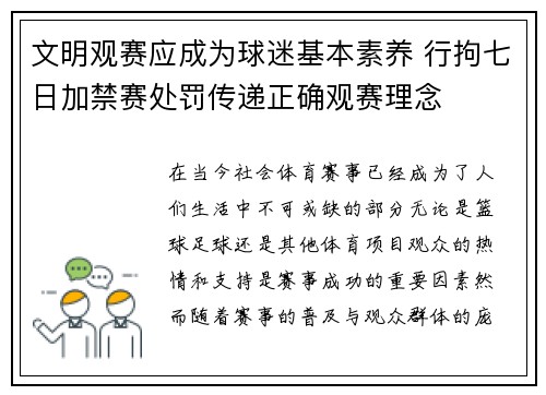 文明观赛应成为球迷基本素养 行拘七日加禁赛处罚传递正确观赛理念