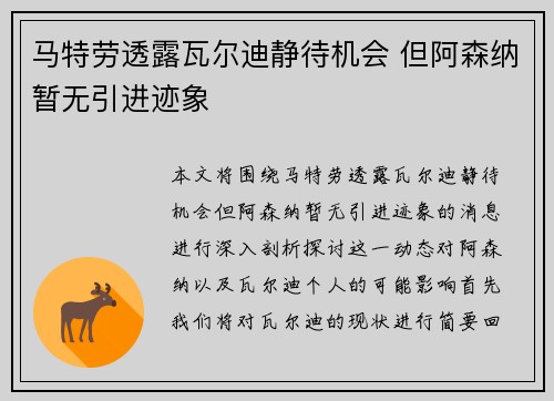马特劳透露瓦尔迪静待机会 但阿森纳暂无引进迹象